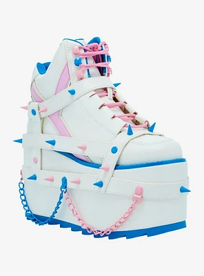 YRU White Pastel Spike & Chain Qozmo Platform Sneakers