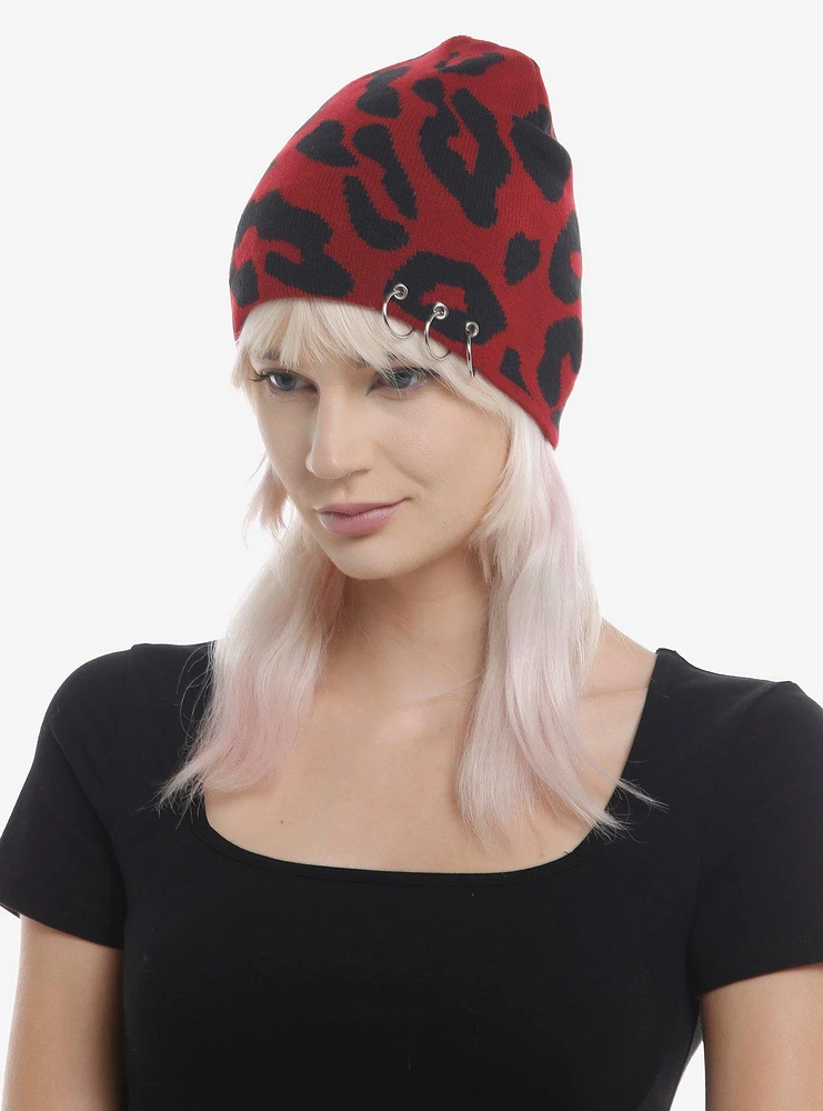 Red Leopard Pierced Beanie