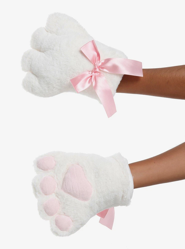 Pink & White Cat Paw Plush Gloves