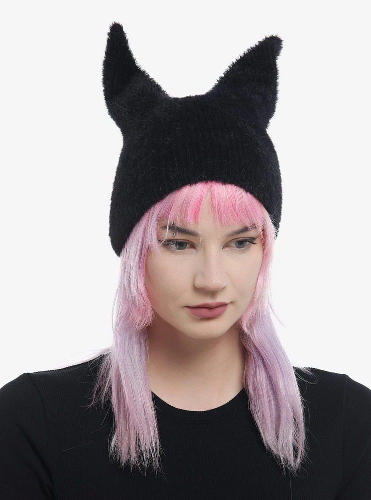 Fuzzy Black Ear Beanie