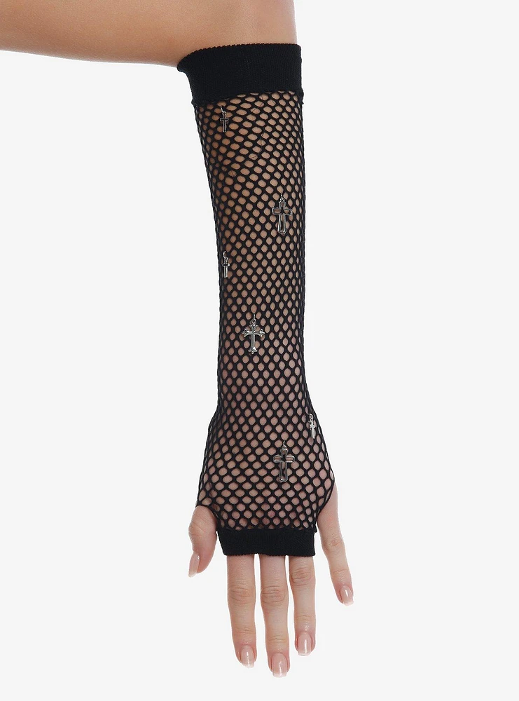 Black Fishnet Cross Charm Arm Warmers