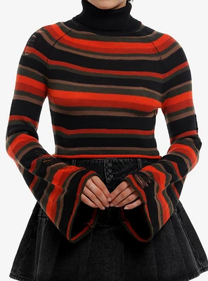 Sweet Society Orange & Brown Stripe Distressed Crop Girls Turtleneck Sweater