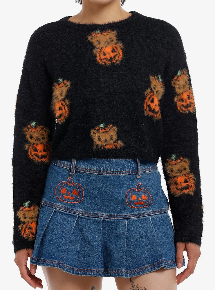 Sweet Society Teddy Pumpkin Girls Fuzzy Crop Sweater