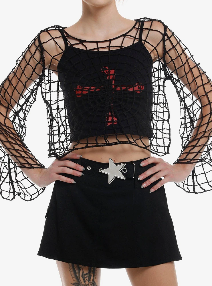 Social Collision Spiderweb Knit Girls Twofer Long-Sleeve Top