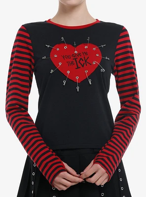 Social Collison Red & Black Stripe Ick Girls Long-Sleeve Top