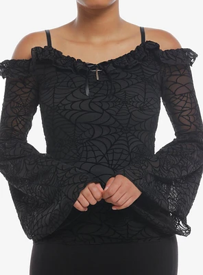 Cosmic Aura Spiderweb Cold Shoulder Girls Bell Sleeve Top