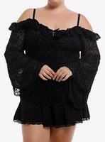 Cosmic Aura Spiderweb Cold Shoulder Girls Bell Sleeve Top Plus