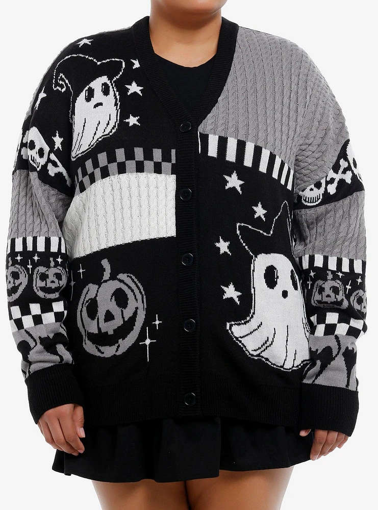 Sweet Society Black & White Ghost Patchwork Girls Cardigan Plus