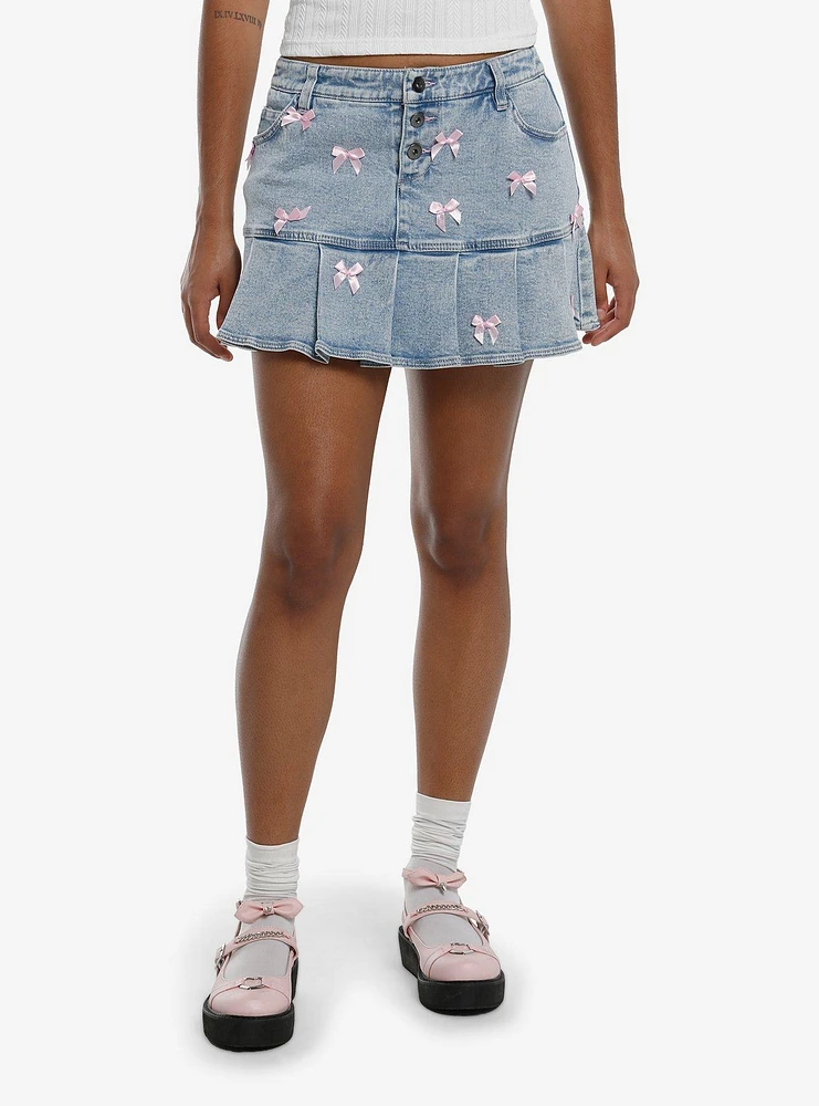 Sweet Society Light Blue Denim & Pink Bow Pleated Mini Skirt