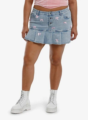 Sweet Society Light Blue Denim & Pink Bow Pleated Mini Skirt Plus