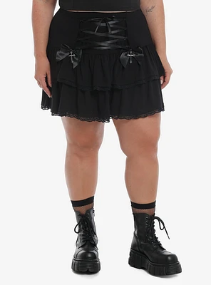 Cosmic Aura Black Lace-Up Ruffle Tiered Skirt Plus