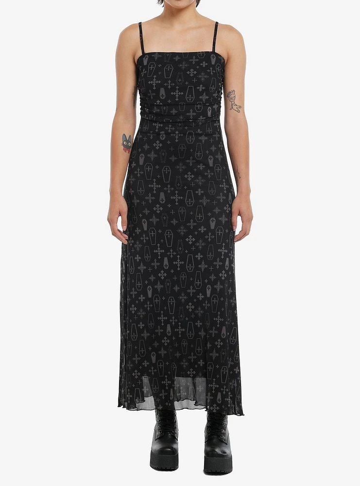 Cosmic Aura Coffin Cross Ruched Midaxi Dress