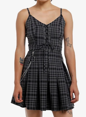 Social Collision Grey & Black Plaid Lace-Up Cami Dress