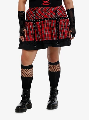 Social Collision Red Plaid Black Grommet Tiered Skirt Plus