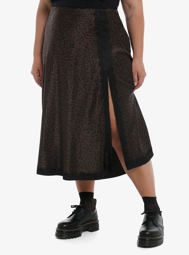 Social Collision Leopard Black Lace Silk Skirt Plus