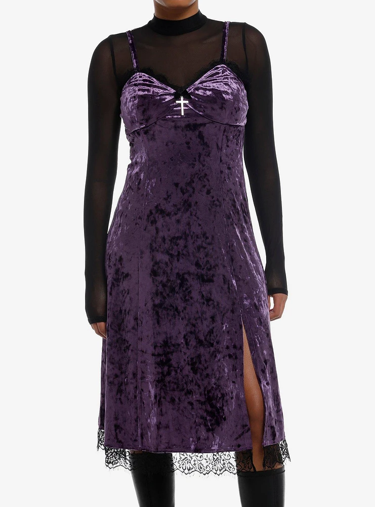 Cosmic Aura Purple Velvet Mesh Long-Sleeve Twofer Dress