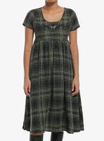 Social Collision Green Plaid Moth Midi Babydoll Dress