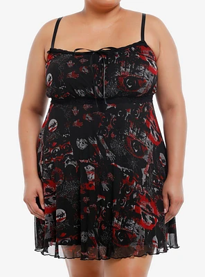 Social Collision Red & Black Icons Mesh Cami Dress Plus