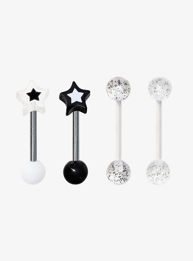 Black White & Clear Steel & Acrylic Star Tongue Barbell 4 Pack