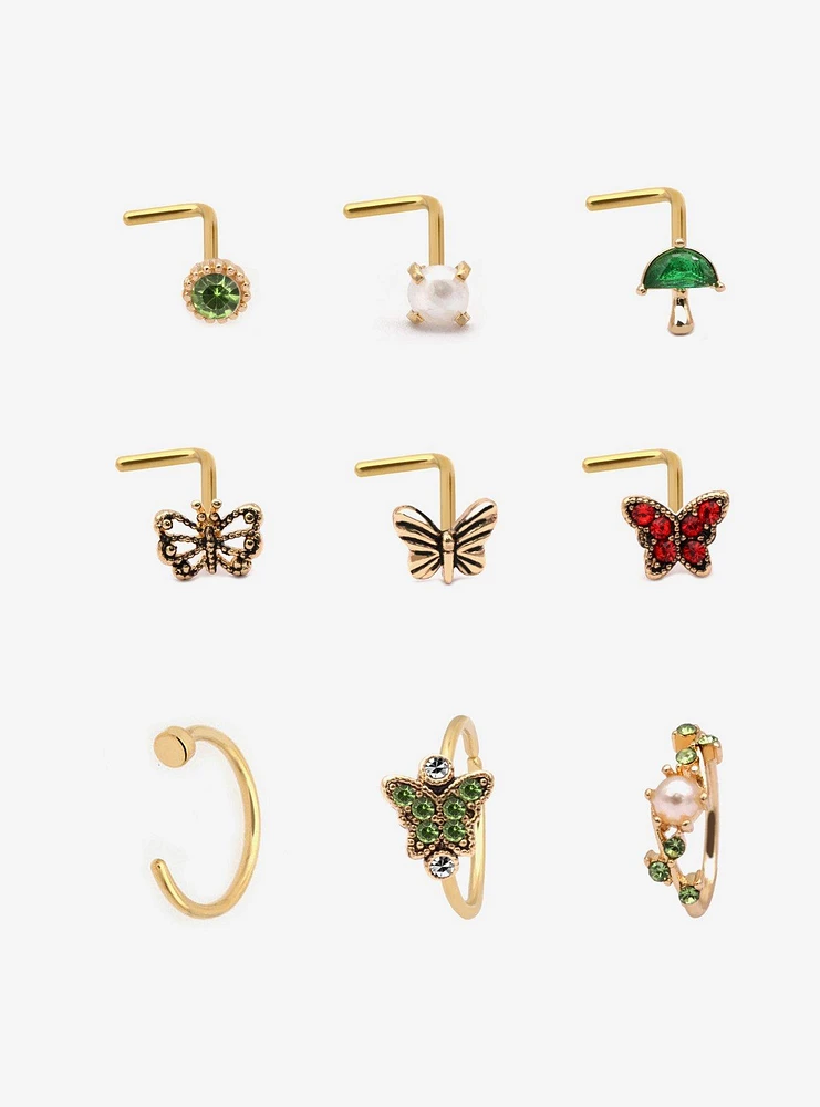 Steel Gold Butterfly Gems Nose Stud & Hoop 9 Pack