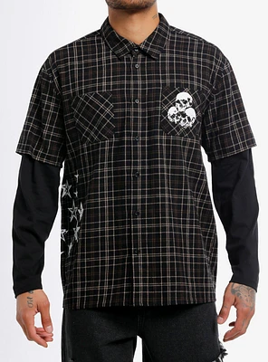 Thorn & Fable Stars SKulls Plaid Twofer Woven Button-Up