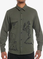 Olive Skeleton Grave Twill Long-Sleeve Woven Button-Up