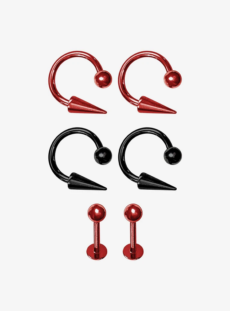 Steel Red & Black Lip Hoop & Stud 6 Pack