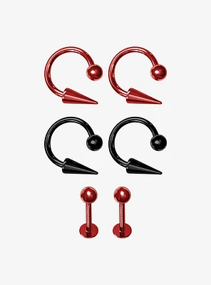 Steel Red & Black Lip Hoop & Stud 6 Pack