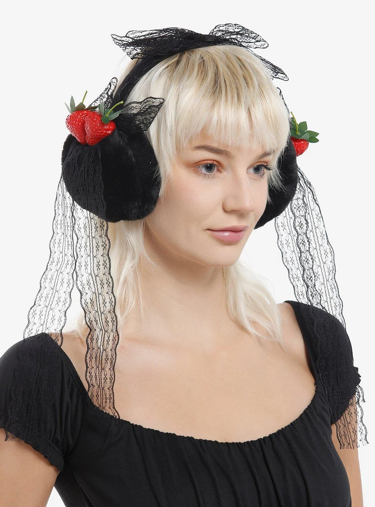 Strawberries & Black Lace Bows Earmuffs