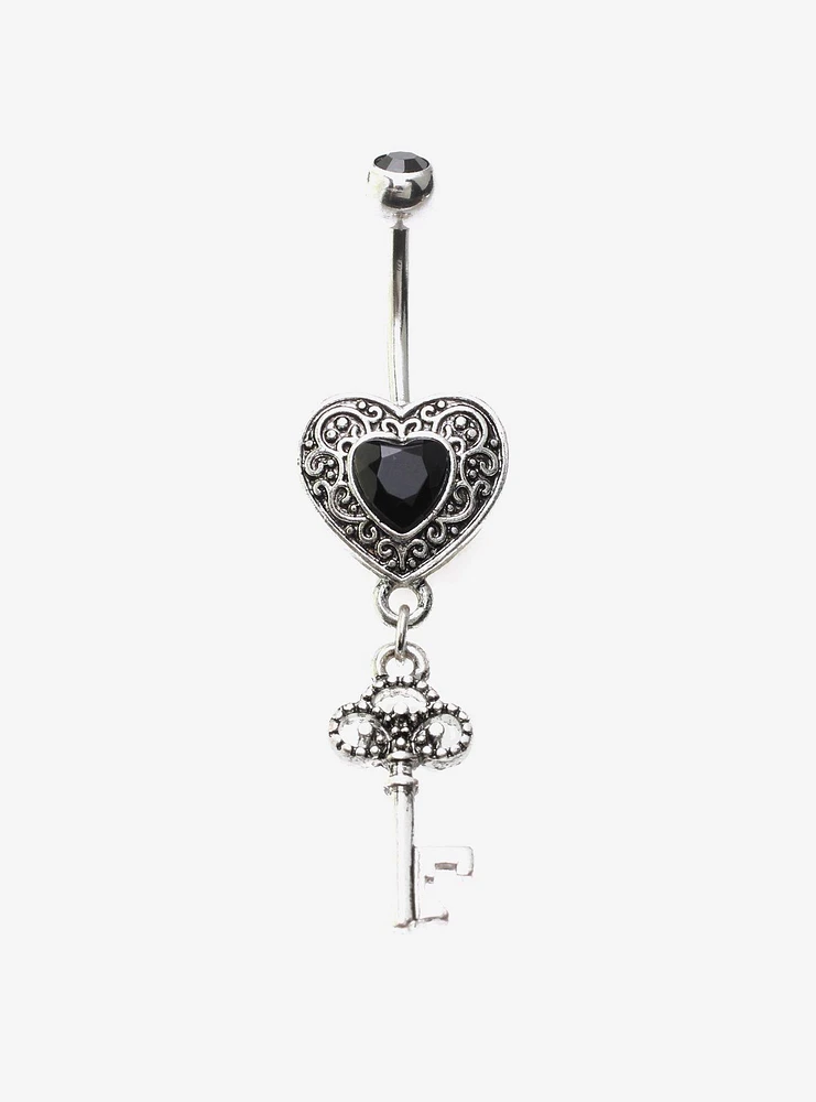 14G Steel Heart Key Gem Navel Barbell