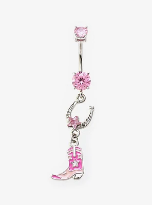 14G Steel Pink Gem Cowgirl Boot Navel Barbell