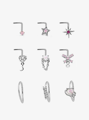 Steel Silver Sparkle Heart Nose Stud & Hoop 9 Pack