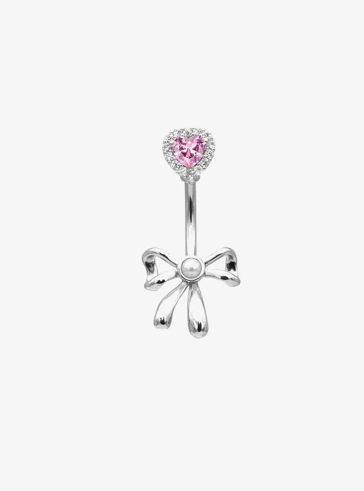 14G Steel Silver Pink Heart & Bow Navel Barbell