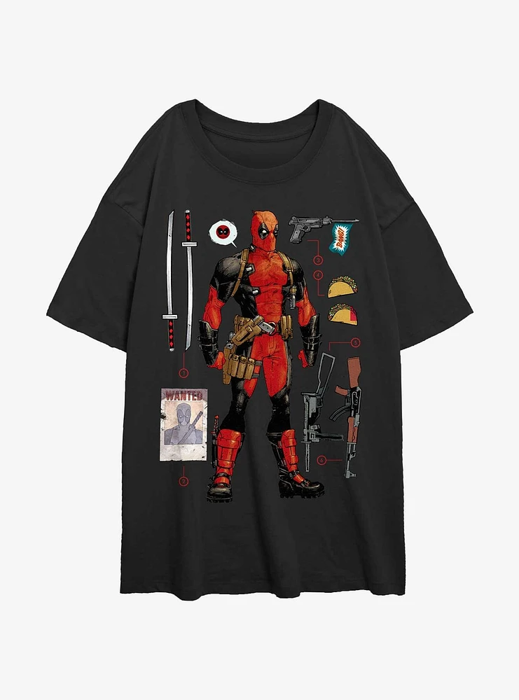 Marvel Deadpool Mercenary Items Girls Oversized T-Shirt