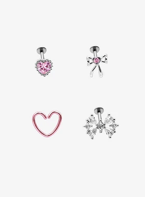 18G Steel Silver Heart & Bow Stud & Hoop 4 Pack