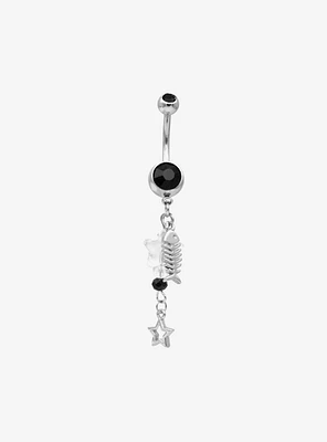 14G Steel Silver Fishbone & Star Charm Navel Barbell