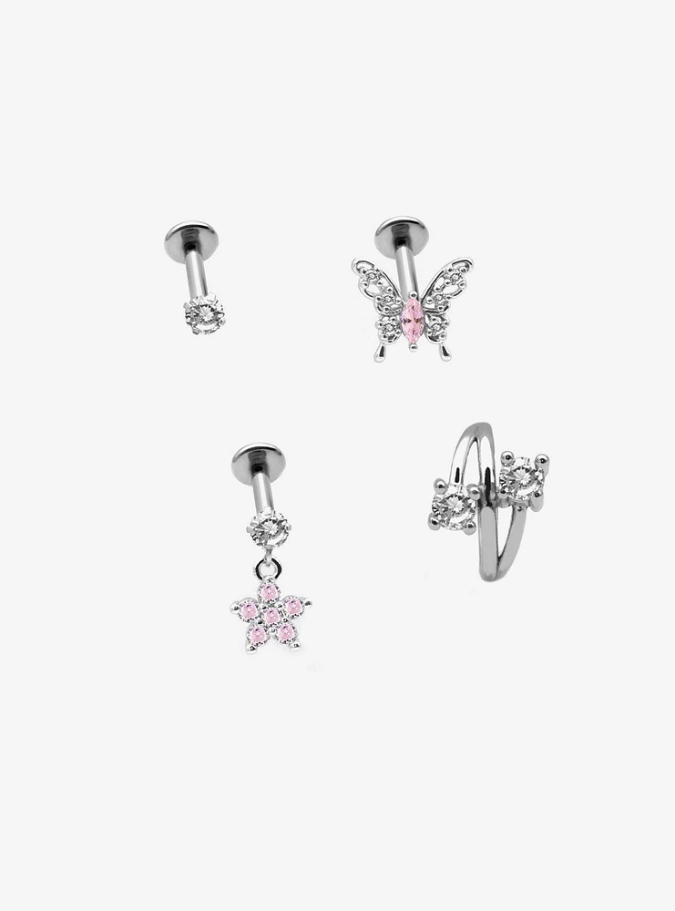 18G Steel Butterfly Flower Cartilage Stud & Hoop 4 Pack