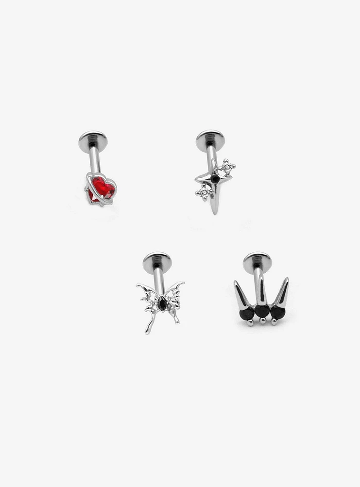 18G Steel Silver Heart & Butterfly Drip Stud 4 Pack