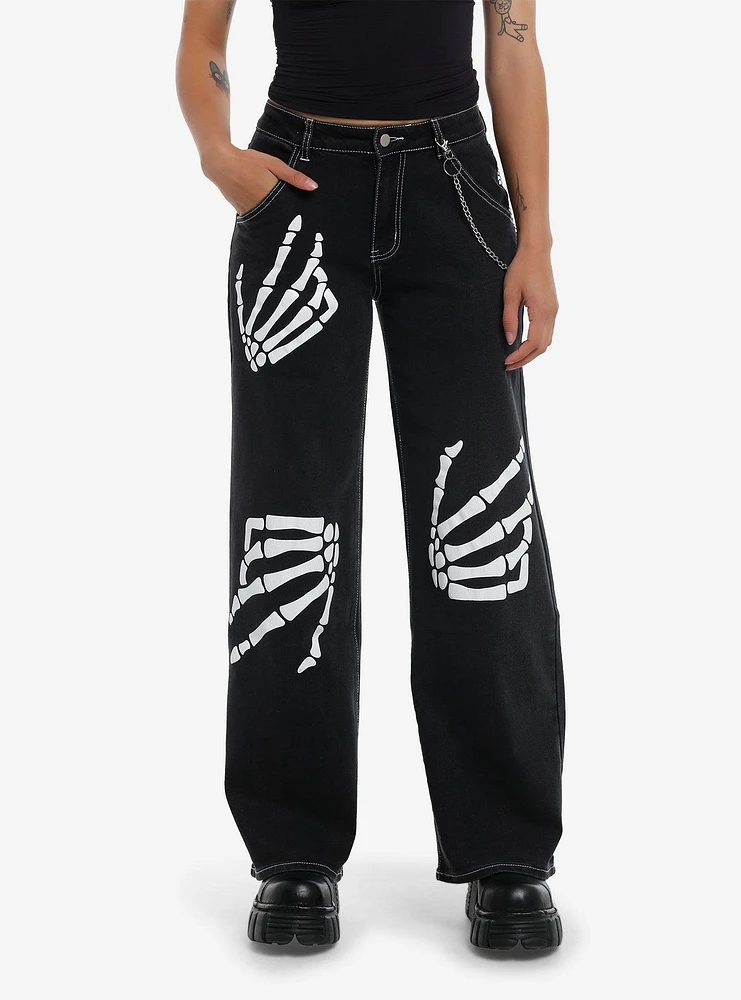 Black Skeleton Hand Chain Wide Leg Denim Pants