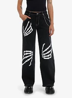 Black Skeleton Hand Chain Wide Leg Denim Pants