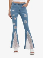 Light Blue & Pink Butterflies Flare Jeans