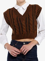 Brown & Black Cable-Knit Girls Crop Sweater Vest