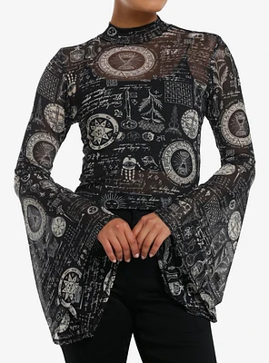 Cosmic Aura Alchemy Symbols Mesh Girls Bell Sleeve Top