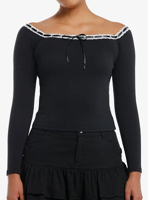 Black & White Lace Ribbon Girls Long-Sleeve Top