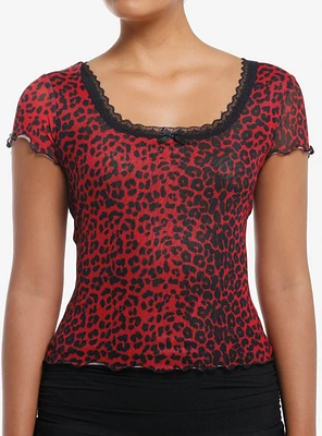 Social Collision Red & Black Cheetah Mesh Girls Top