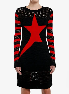 Black & Red Star Stripe Knit Sweater Dress