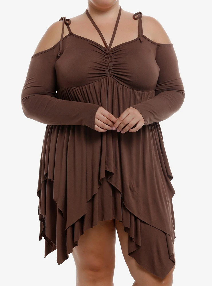 Thorn & Fable Brown Hanky Hem Cold Shoulder Dress Plus