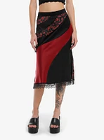 Black Red & Rose Panels Slip Midi Skirt