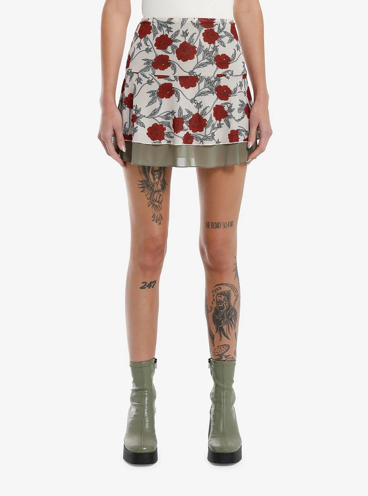 Thorn & Fable Red Rose Green Mini Slip Skirt