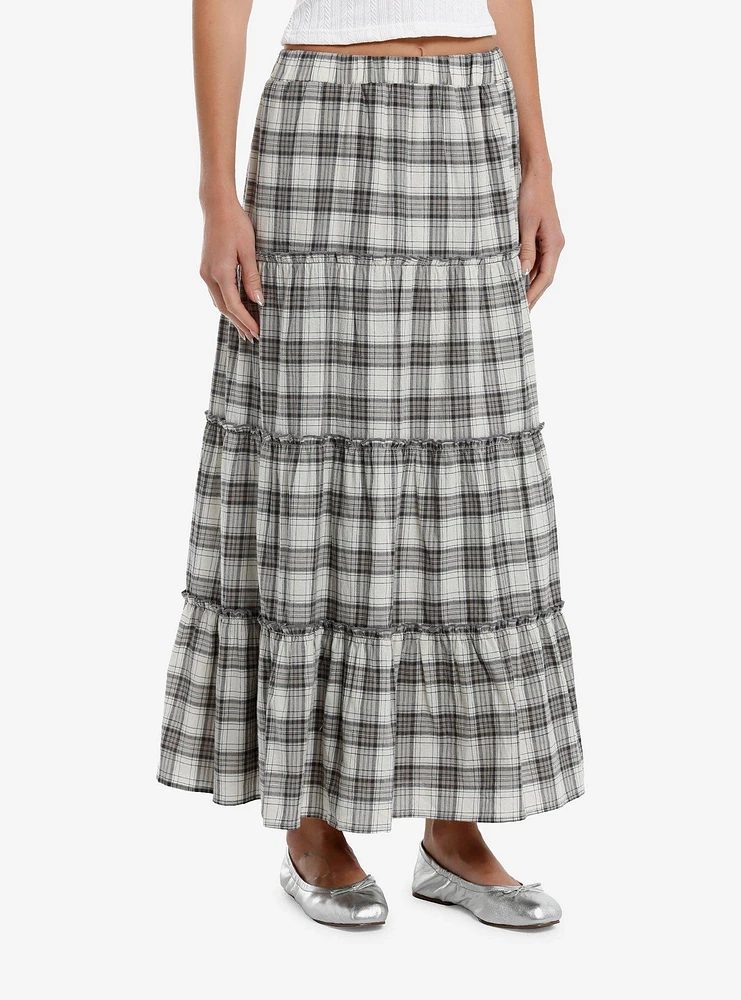 Green & White Plaid Tiered Maxi Skirt